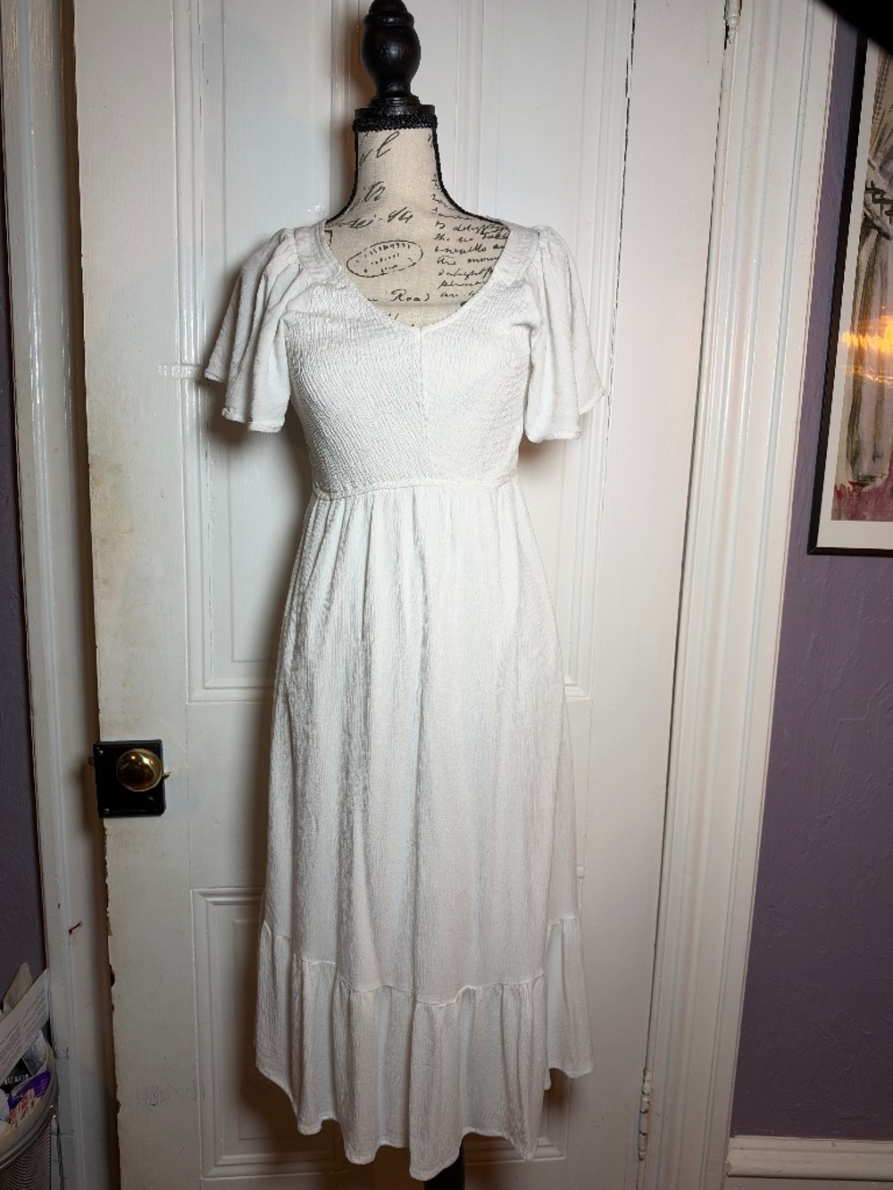 JODIFL White Smocked Midi Dress Flutter Sleeve V-Neck Tiered Ruffle Hem Size S